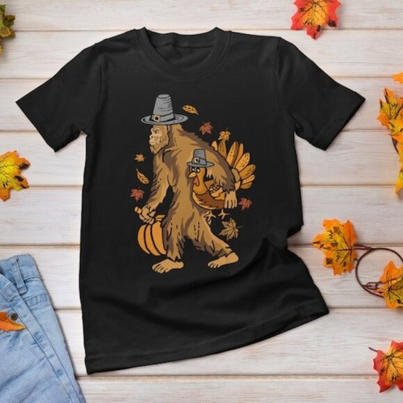 Tops - Turkey Pumpkin Thanksgiving Sasquatch T-Shirt, Thankful Shirt